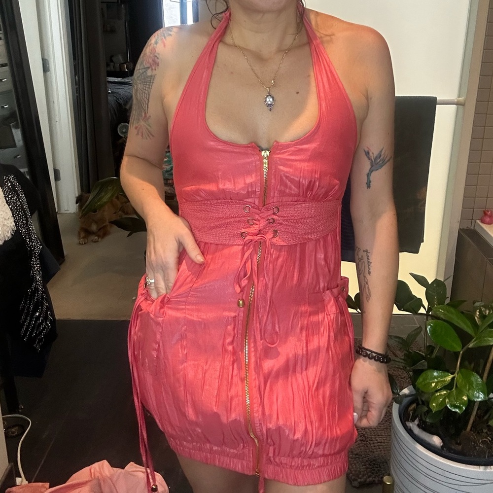 Poetry Satin Halter Zip Dress w/ cargo pockets and corset bust S